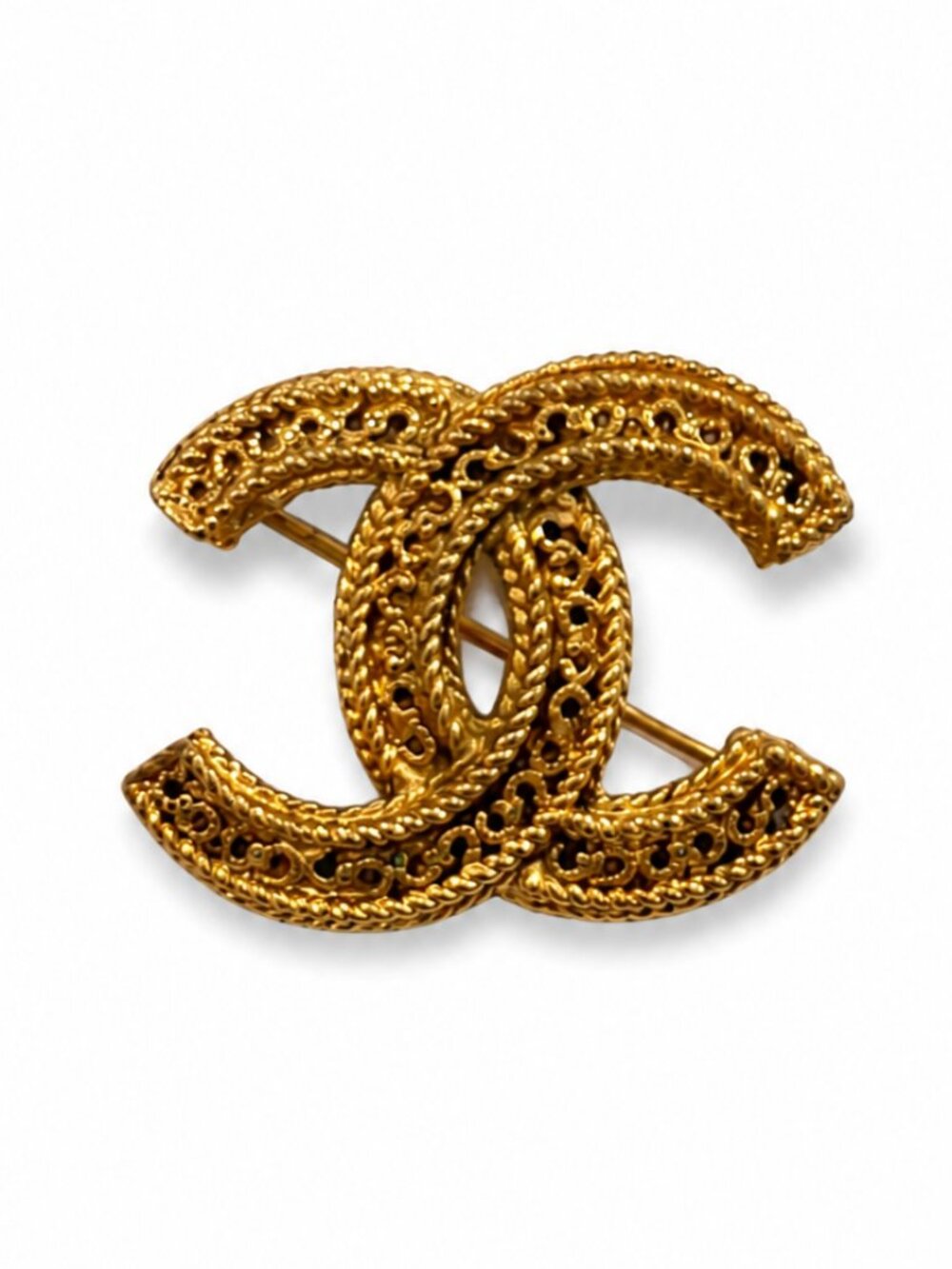 Vintage Chanel CC Gold Tone Filigree Brooch Pin 1.5" x 1.25" Made in France